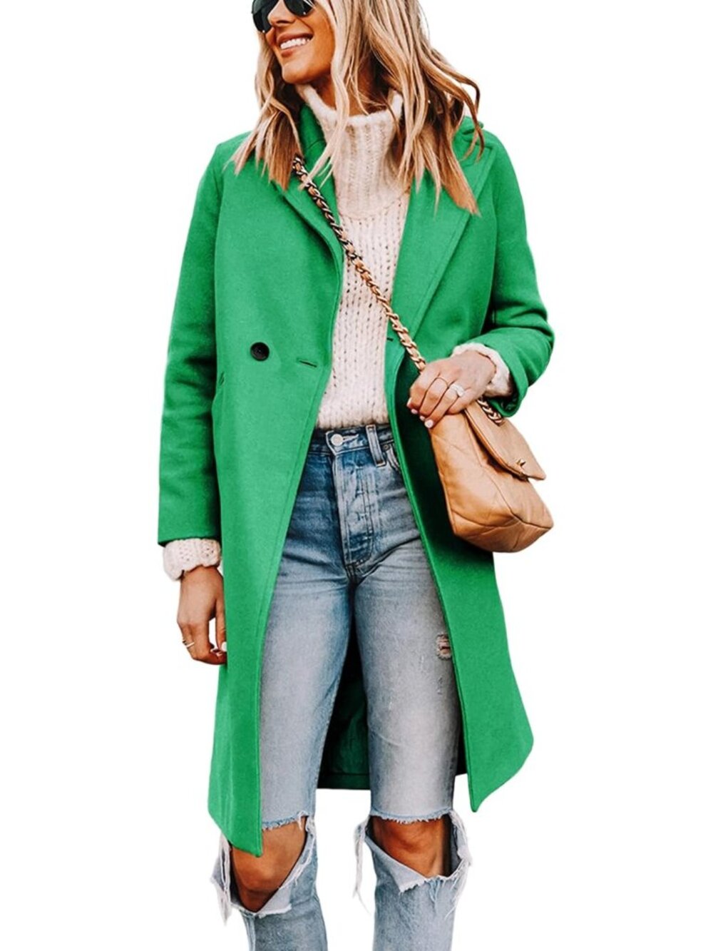 Women's Green Wool Blend Notch Lapel Double-Breasted Mid-Long Trench Pea Coat
